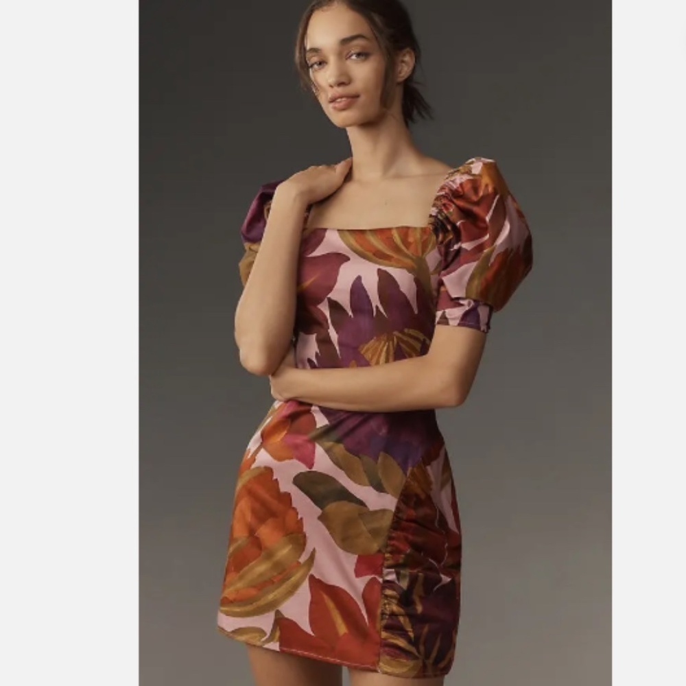 Farm Rio Anthropologie Puff Sleeve Square Neck Purple Green Mini Dress XL Nwt - Picture 2 of 9